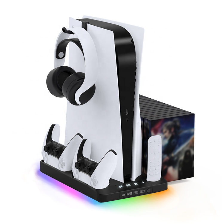 Оптовая Продажа с фабрики RGB освещение 4 в 1 PS5 консольная подставка с всасывающим охлаждающим вентилятором PS5 контроллер зарядного устройства PS5 стенд