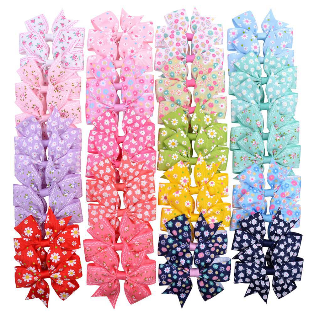 Flower Print Ribbon Hair Accessories для Baby Girls, Bows Hair Ties, Ponytail Holder, Wholesale, 8 см