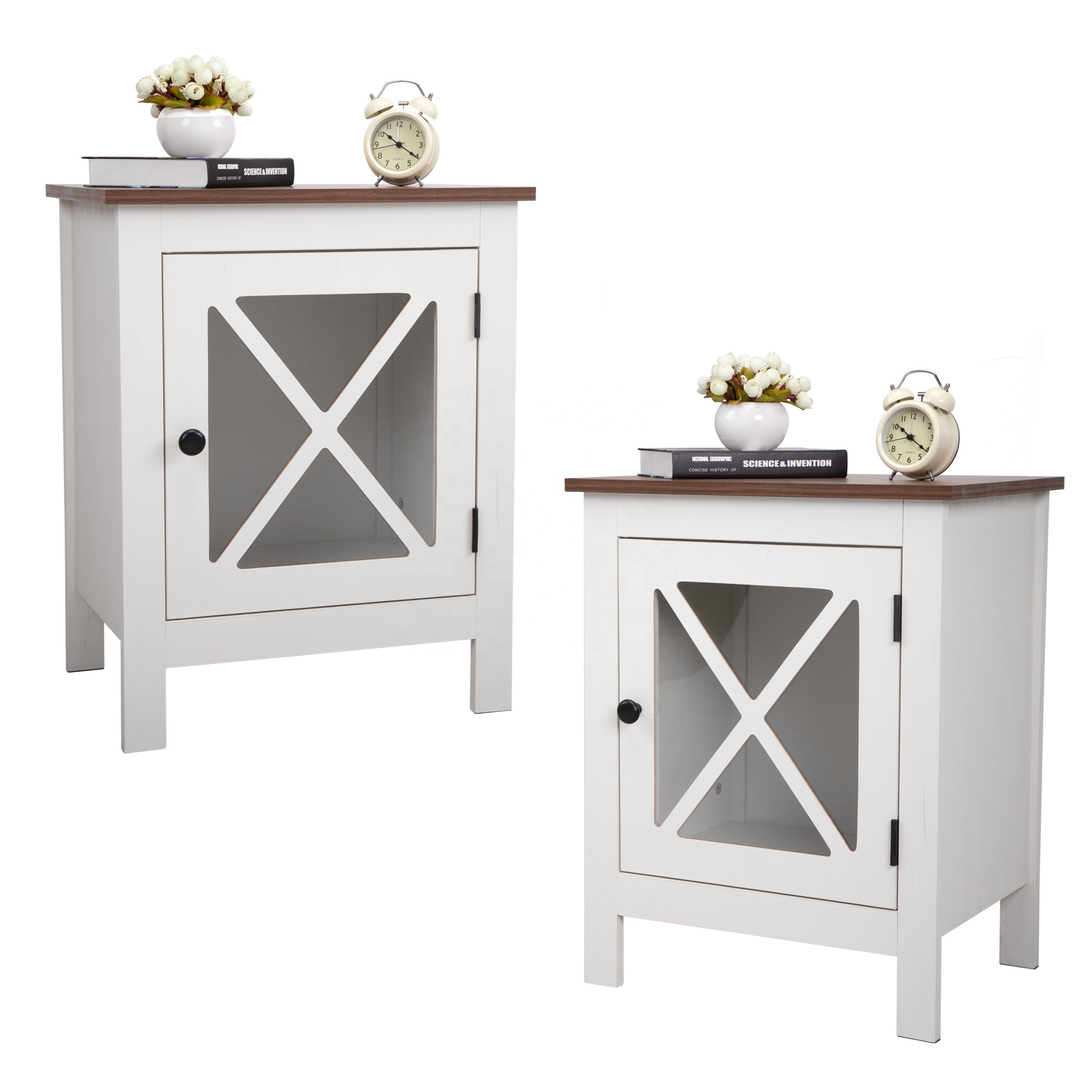 Industrial Nightstand Side Table End Table with X design glass Door - White & Walnut 2 pieces