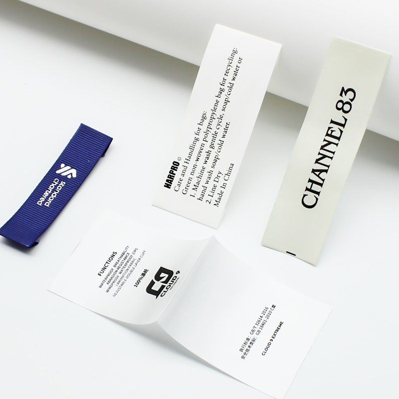 Brand logo stickers woven tag iron on labels white manufacturer luxury labels printed wash care clothing label for garment