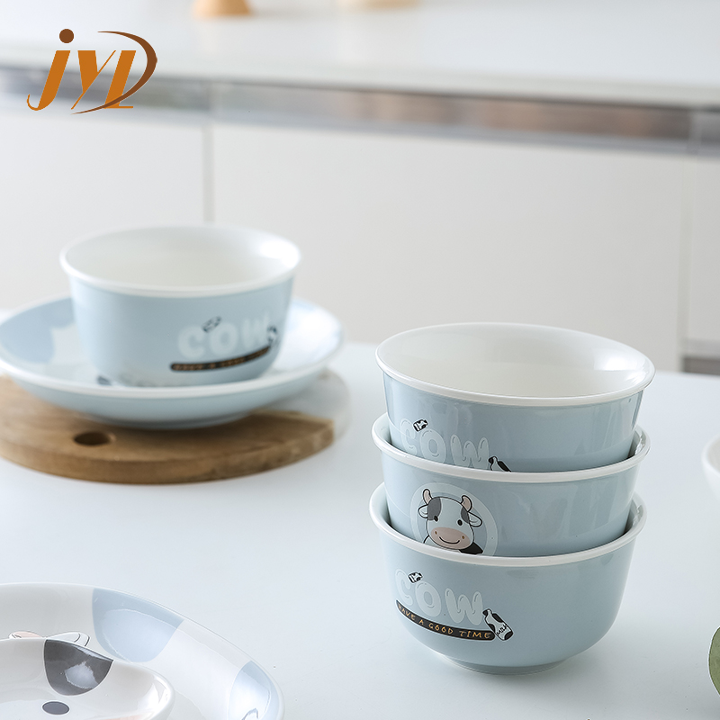 Chinese Ox Year Cartoon Cow Printing Porcelain Dinnerware With Bowls  Plates  Spoons And Dishes For Gift