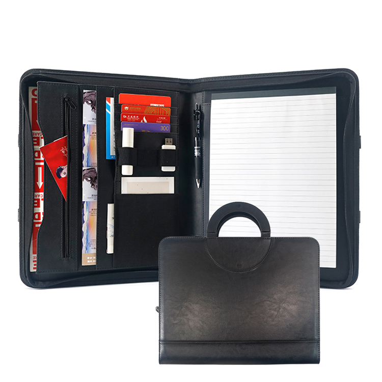 PU Leather A4 Black Zippered File Portfolio Organizer Folder Document Folder with Hidden Handle Business Portfolio