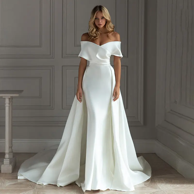 2022  Off Shoulder Satin Detachable Sweep Zipper Back Train Simple Non-removable Mermaid Bridal Gowns Wedding Dresses