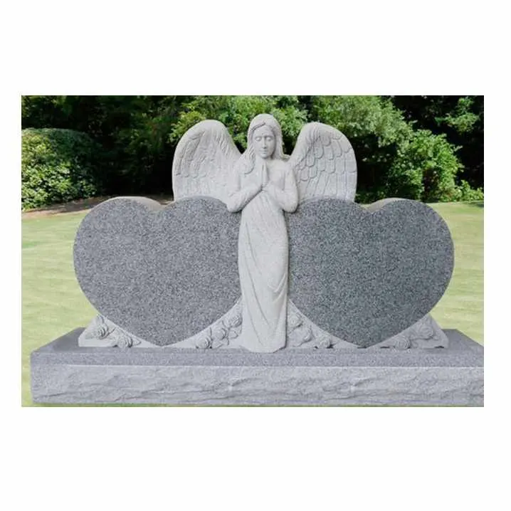 Natural granite tombstone with praying angel and double hearts