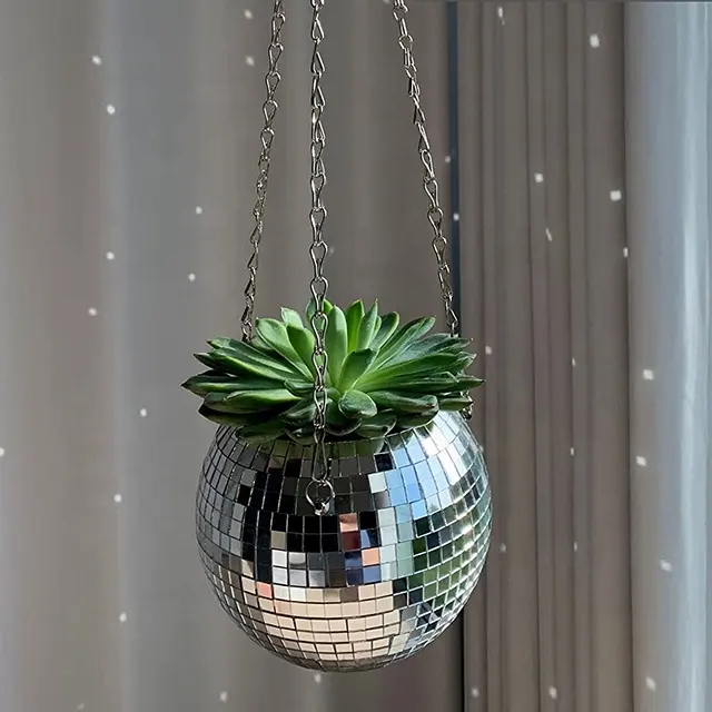 2022 Garden Hot sale Disco mirror ball planter pot self watering ball shape hanging chains flowerpot