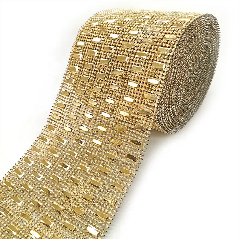 Trims For Wholesale 10 Yard Champagne Gold Strip Pattern Diamond Rhinestone Nesh Border Decoration Trimming For Gift Bows Crafts