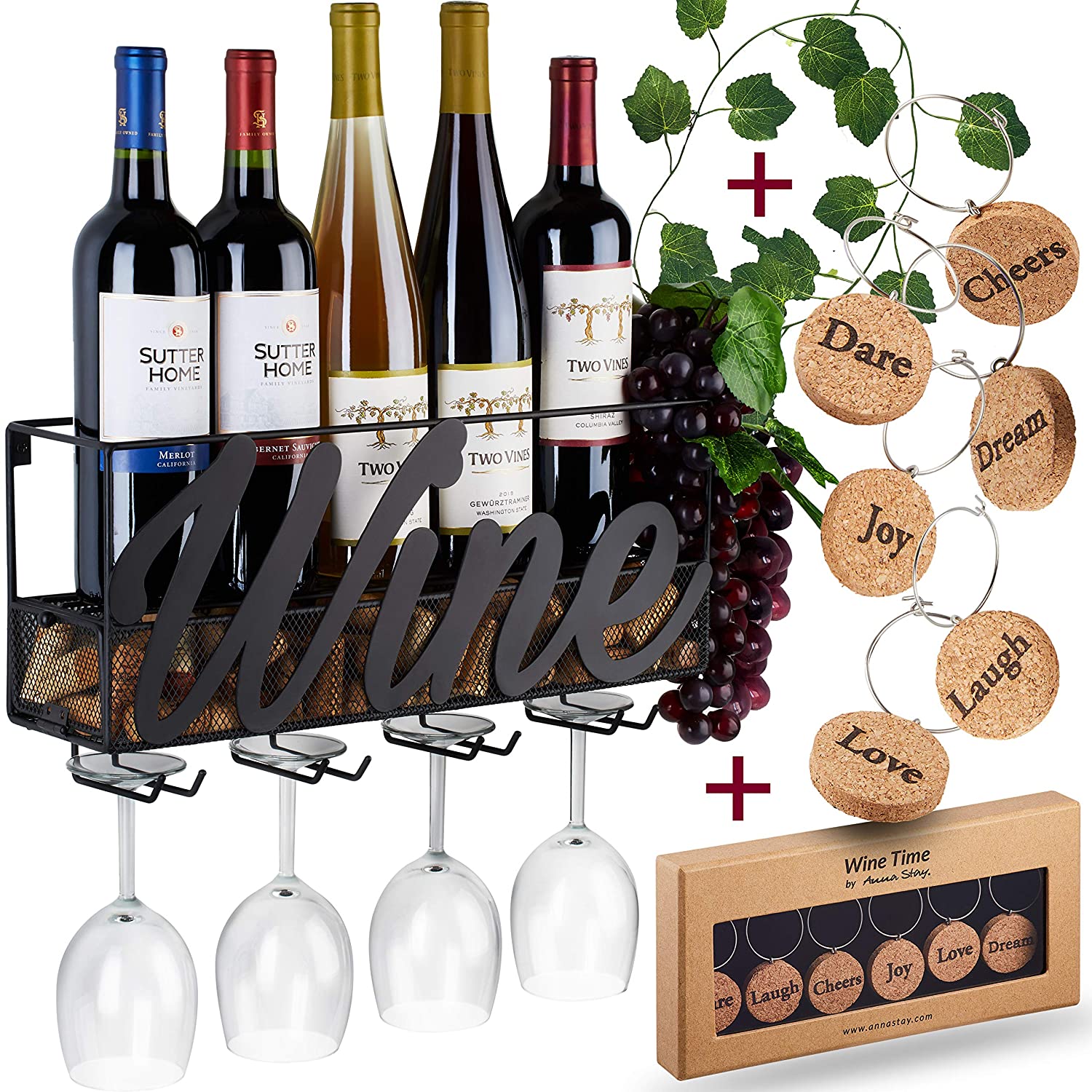 Wall Mounted Wine Storage Rack Metal Bottle Glass Holder Cork Storage Kitchen Home Decoration
