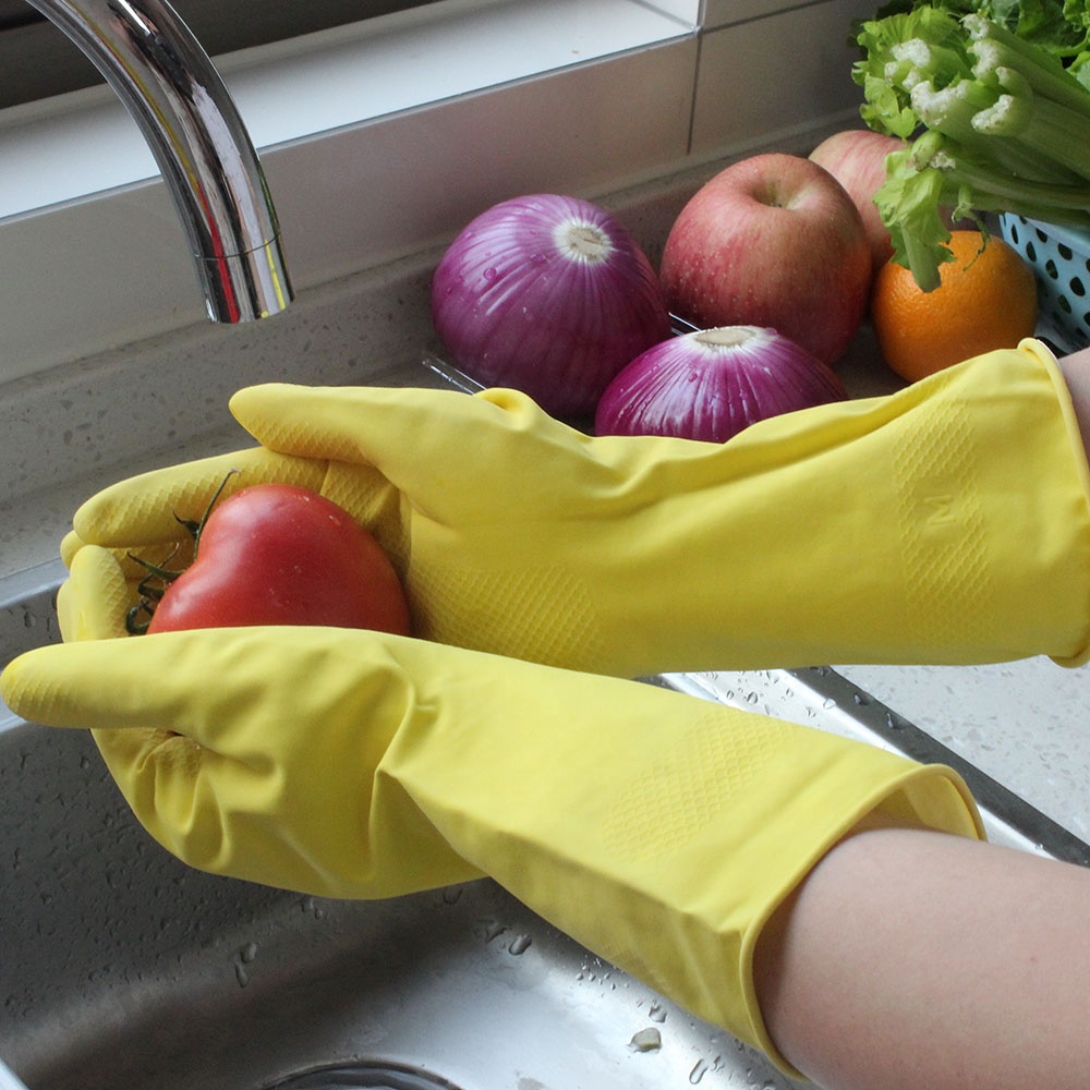 High Quality cotton working household rubber yellow custom branded cleaning kitchen washing gloves
