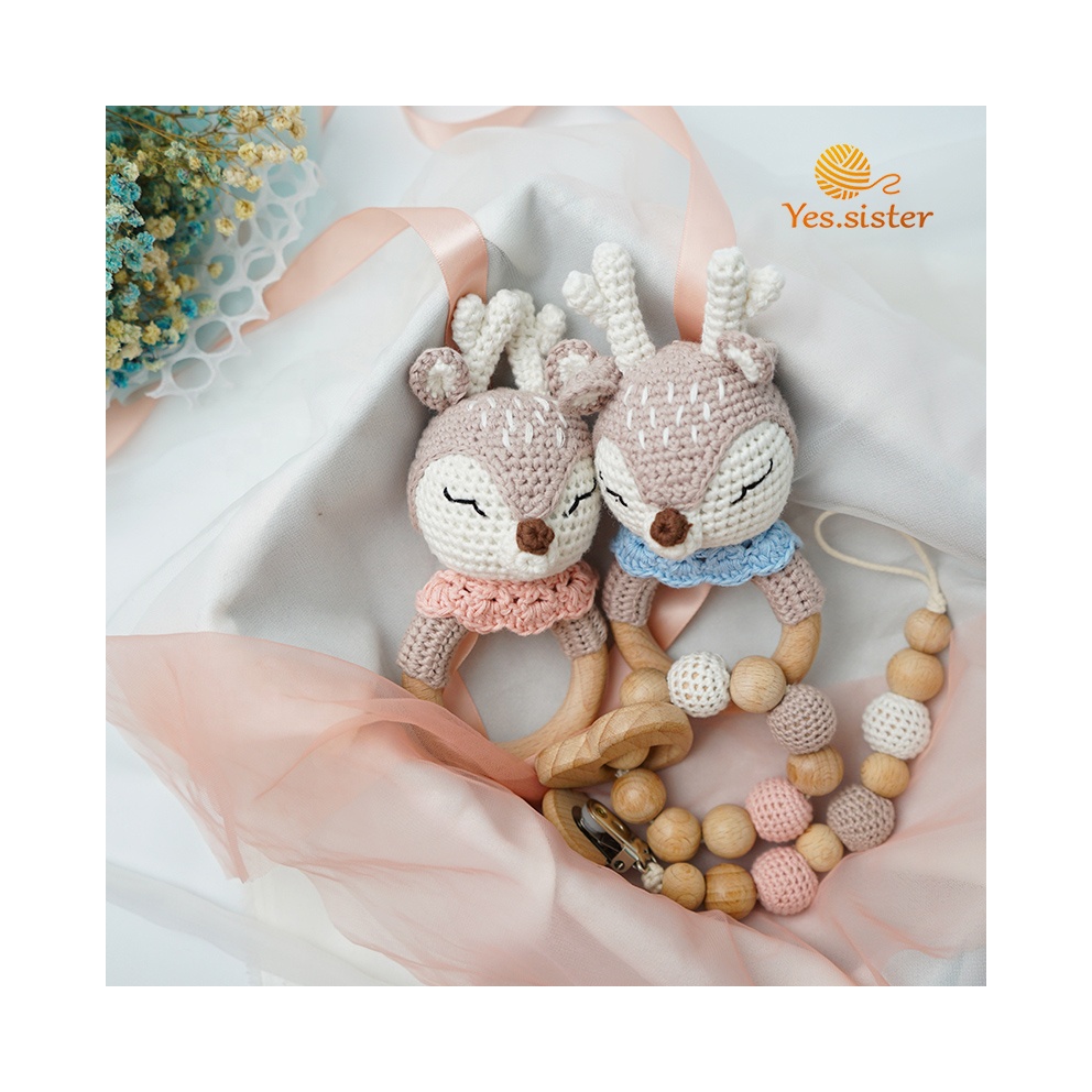Sensory Educational Toys Crochet Gift Sets Beech Wood Teething Ring Rattle Baby Teethers