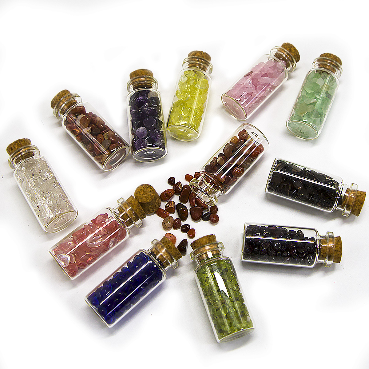 Luxury Amazon Hot Sale Spiritual Healing Chakra Set European-style Raw Colorful Crystal Energy Stones in Glass Bottle Set of 12