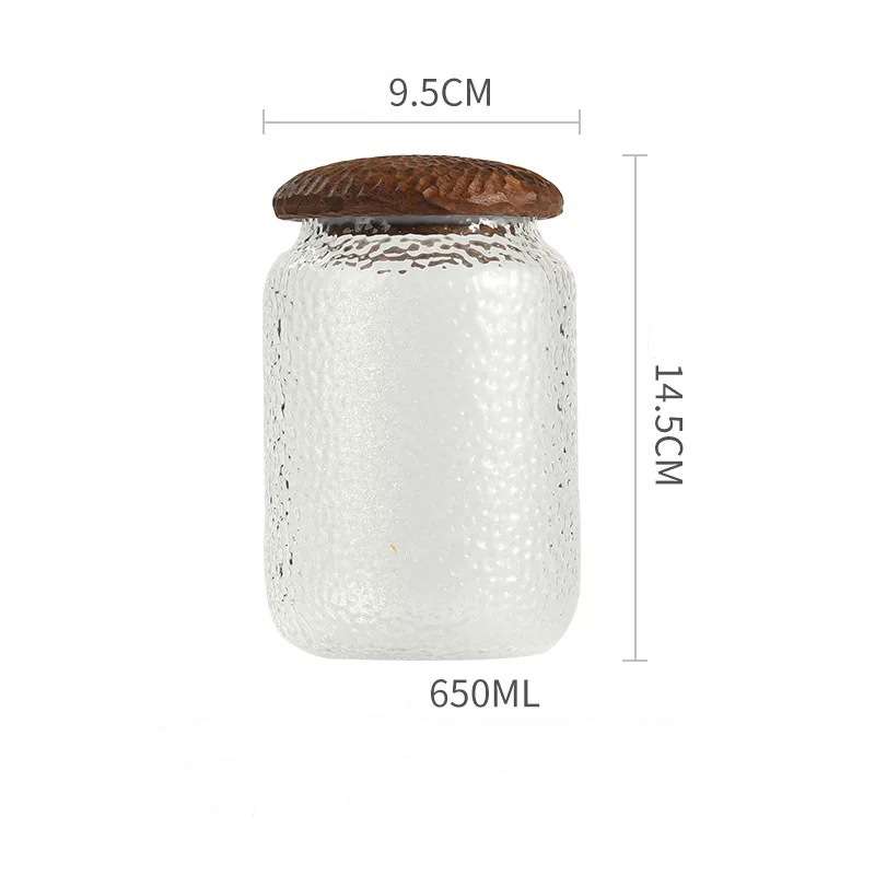 Acacia Hammered Transparent Glass Storage Jar Tea Food Coffee Bean Black Walnut Cover Sealed Storage