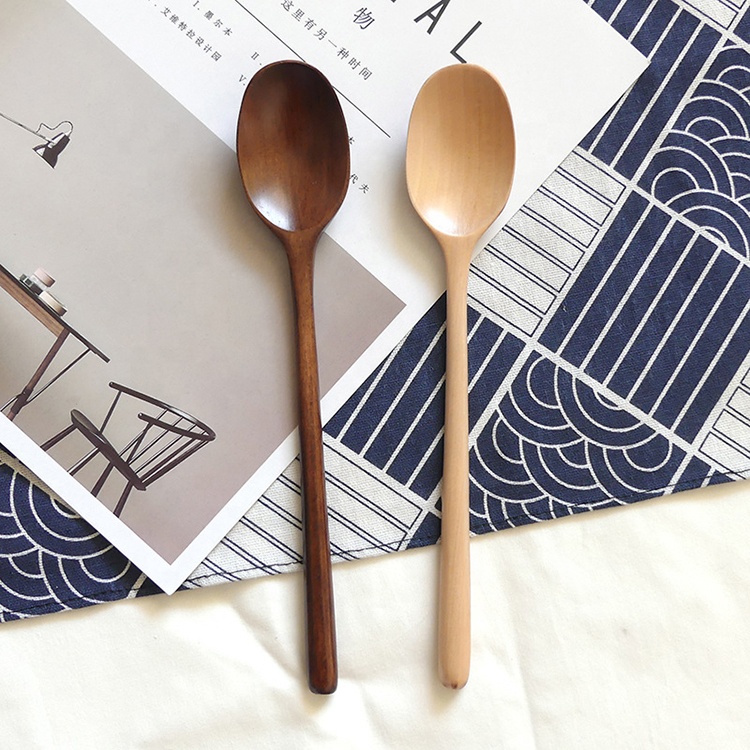 Long handle solid wood soup spoons 9 inch customized logo korean wooden soup spoon for sale