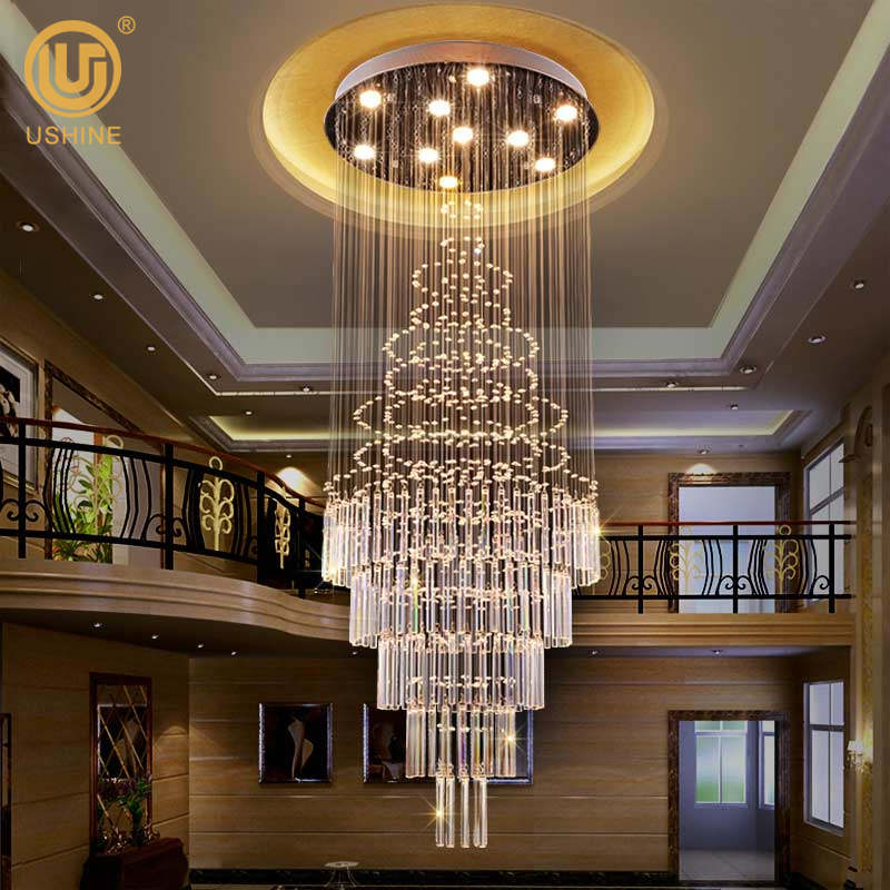 Luxury Led Hotel Stainless Glass Hanging Pendant Lighting Staircase Large Crystal Chandelier
