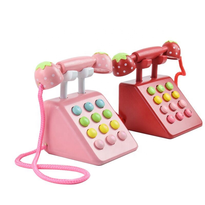 Wooden role-playing strawberry pink mock telephone play kids wooden toys for children's Day