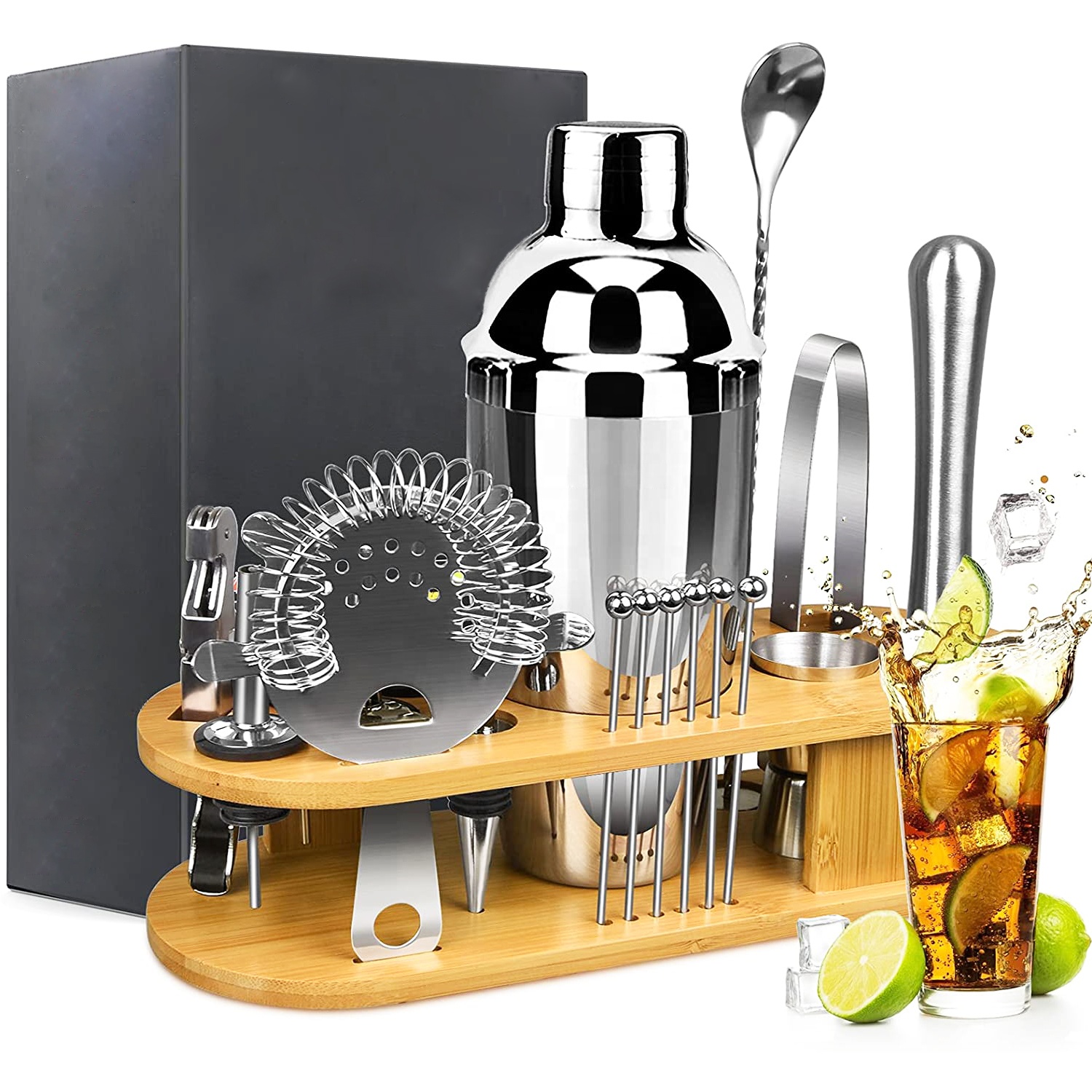Amazon 19 Pieces Cocktail Making Set 750ml Stainless Steel Cocktail Shaker Set Bartender Kit Bar Tools Set with Bamboo Stand
