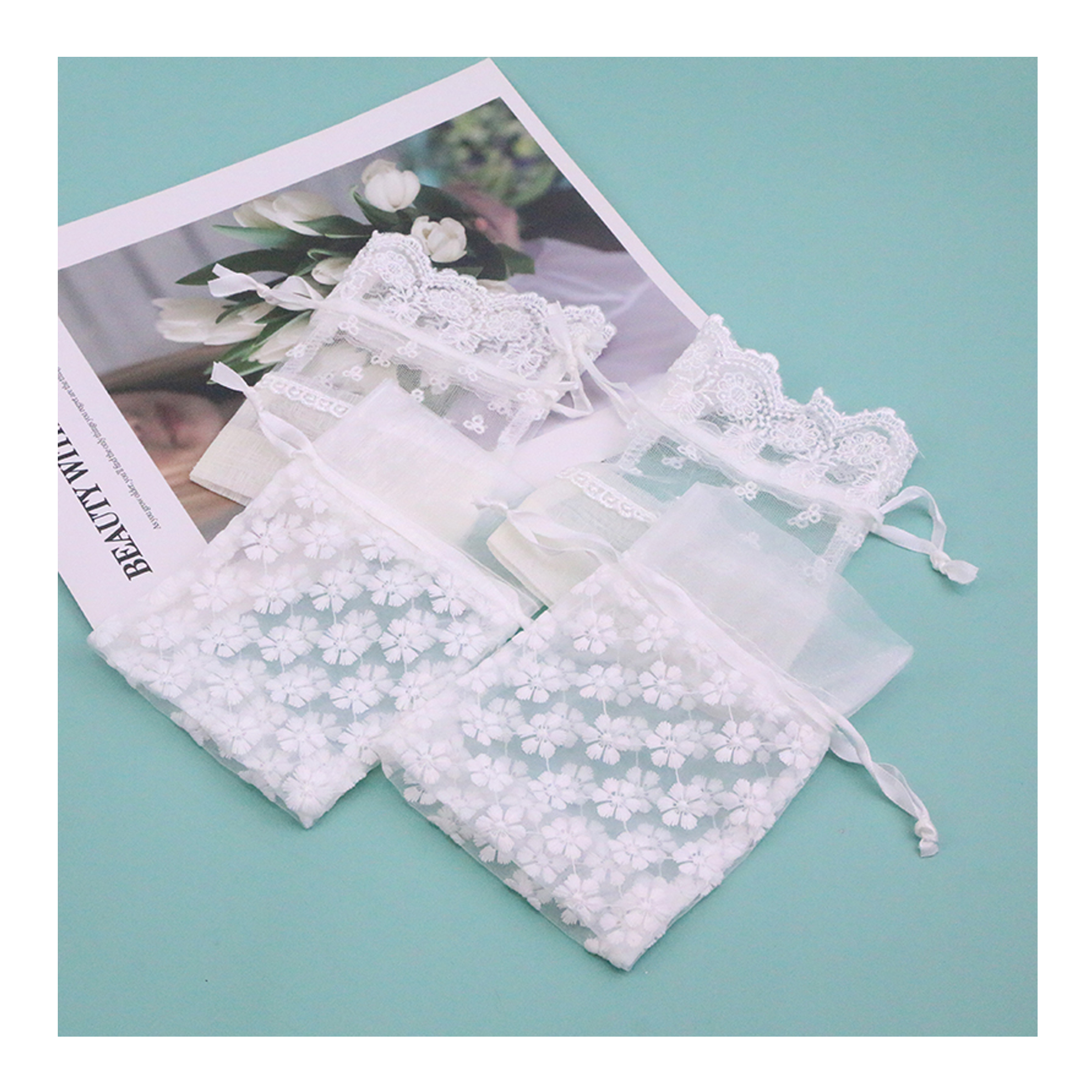 New Creative Printed Logo Drawstring Lace Organza White Mesh Jewelry Packaging Pouch