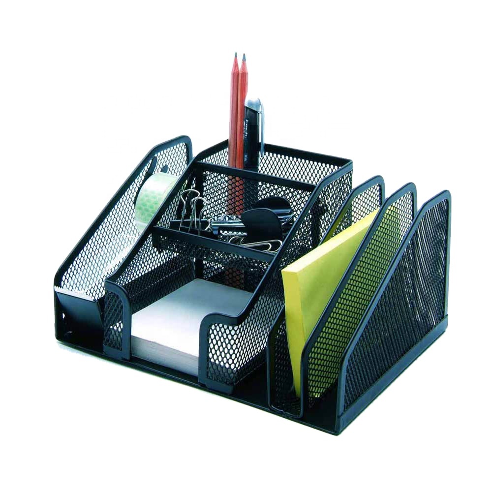 Hot sale custom logo metal mesh multifunction classification storage black pen holder office desktop morden desk organizer