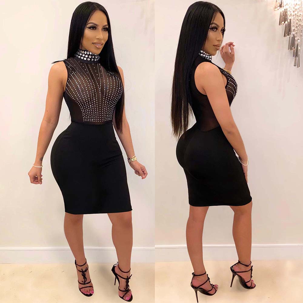 2021 Sexy Hot Diamond Perspective High Neck Clothes Stylish Sexy Dress Nightclub Dresses Sexy