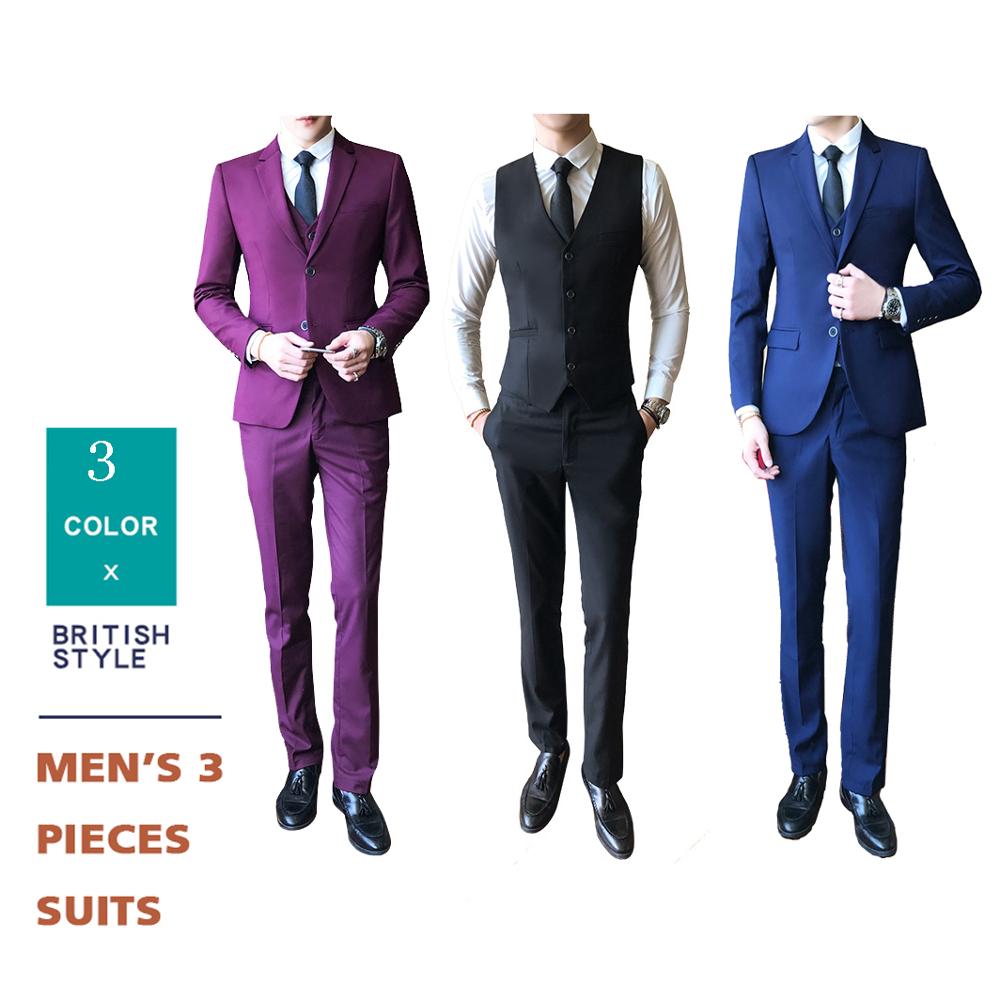 Для мужчин свадебные Slim Fit 3 шт. костюм Две кнопки бизнес Блейзер смокинг жилет и брюки