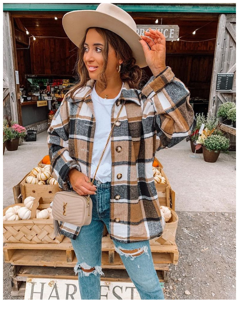 Autumn Winter Polyester Wool Plus Size Loose Color Plaid Coat Jacket with Button Women Casual