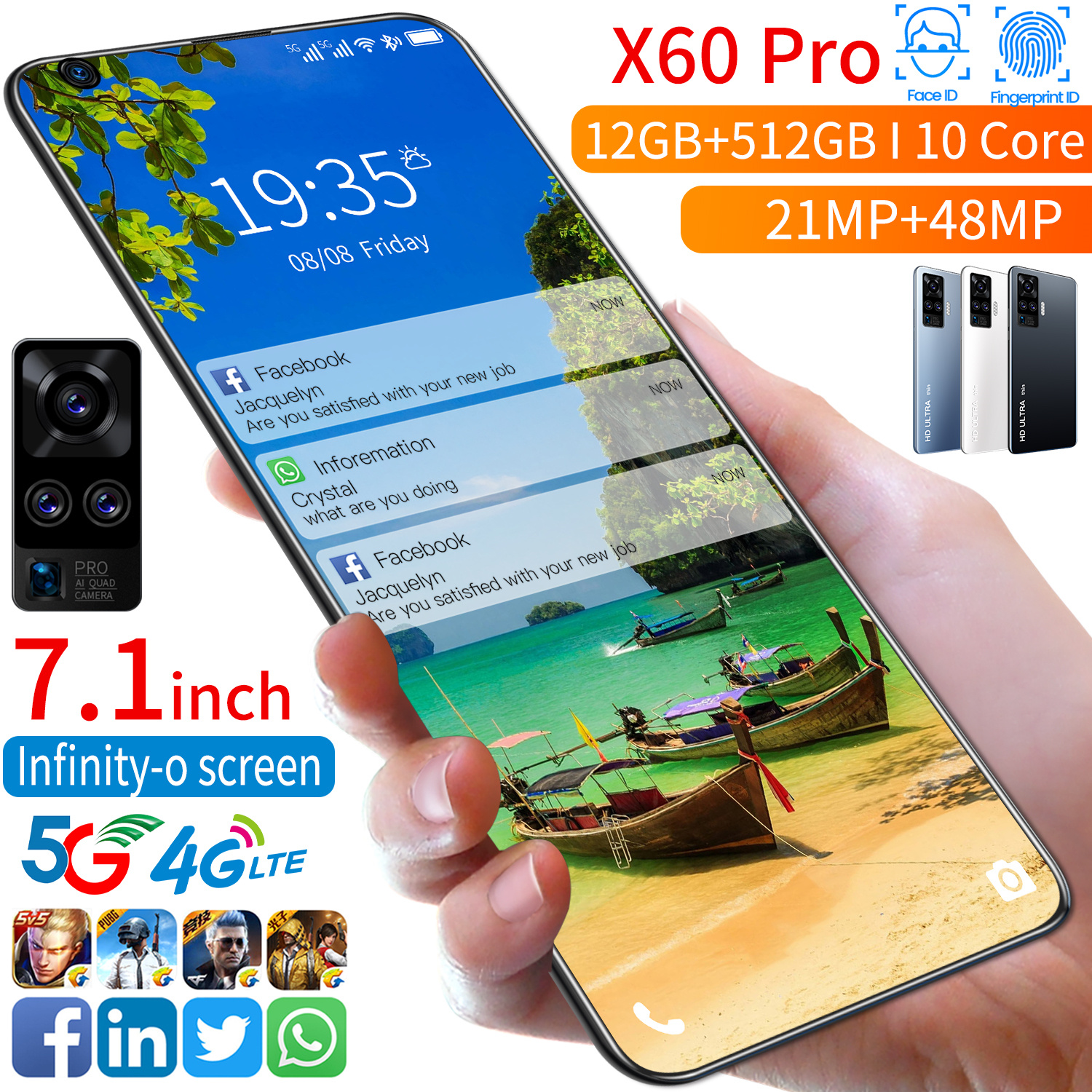 Супер тонкий мобильный телефон X60 pro phnoe 4G 5G LTE android 12 + 512 ГБ разблокировка по лицу разблокировка по отпечатку пальца игровой Двойной смартфон
