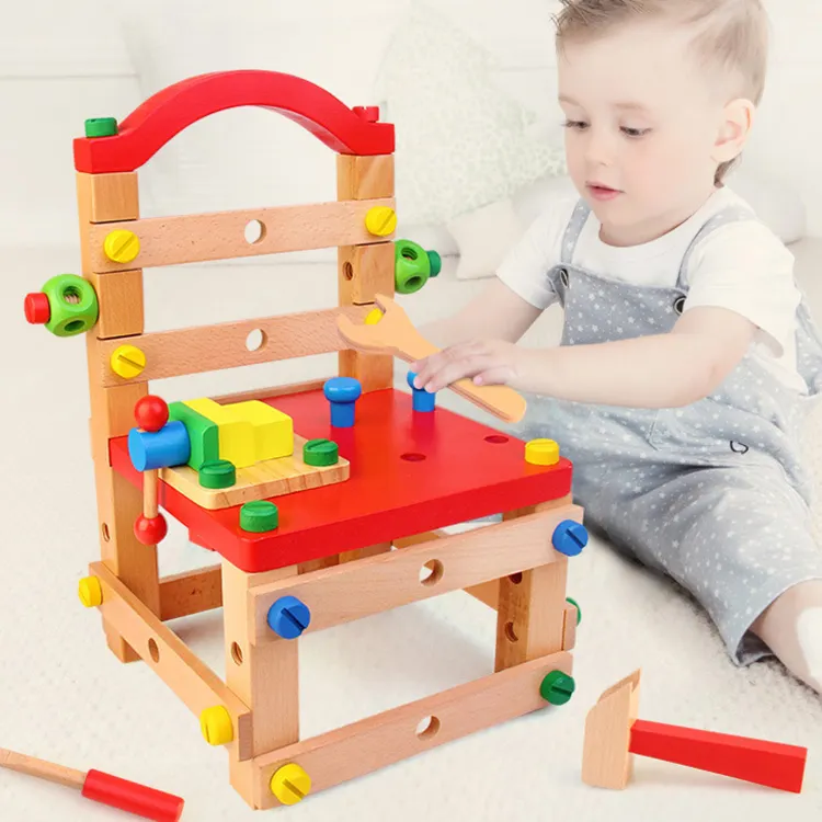 2020 trending hot selling kids educational multi function assembly wooden chair tools toy