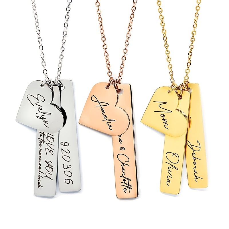 stainless steel custom necklace personalized Heart rectangle blank label Silver gold rose gold ornament carved