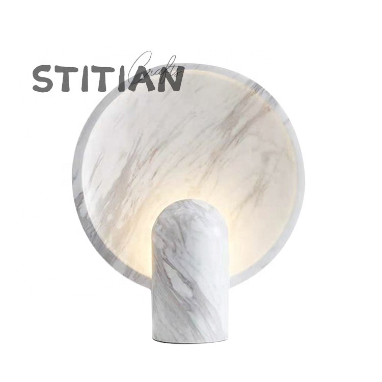 Home Decor Natural Stone Round Shape Beige Travertine Bedside Lamp Marble Villa Decoration Desk Table Lamp