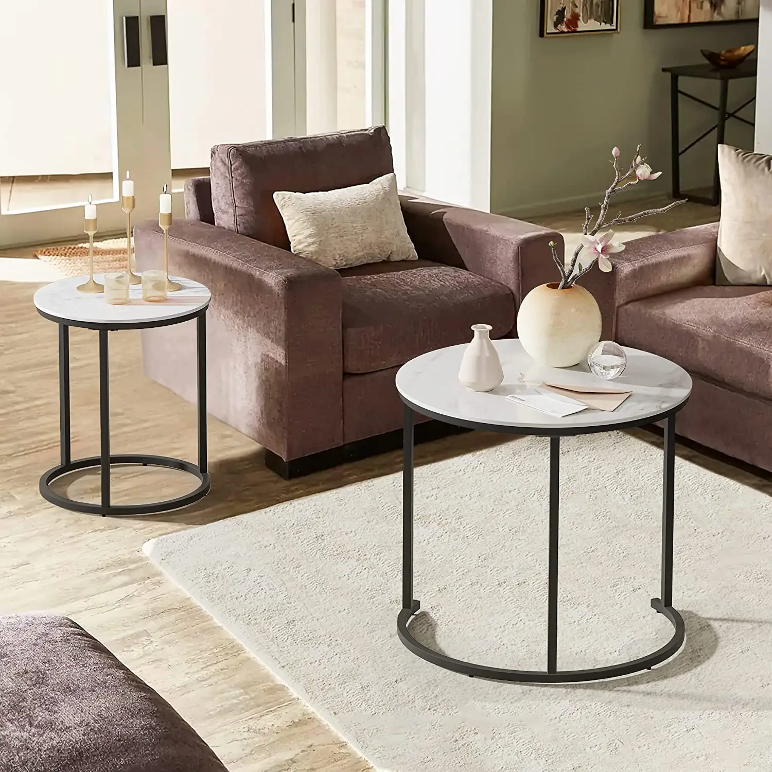 Round Coffee Table Set of 2, Modern Accent Marble Texture Coffee Tables for Living Room Reception Room Office Room