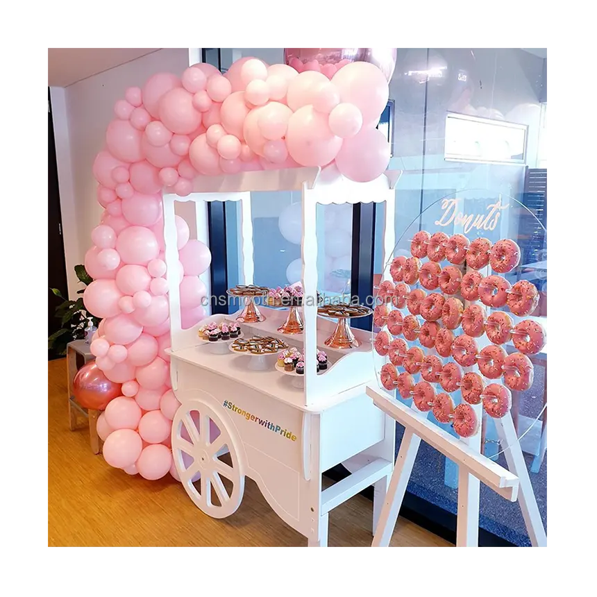 Smooth party decoration dessert display white pvc candy cart with clear acrylic donut wall