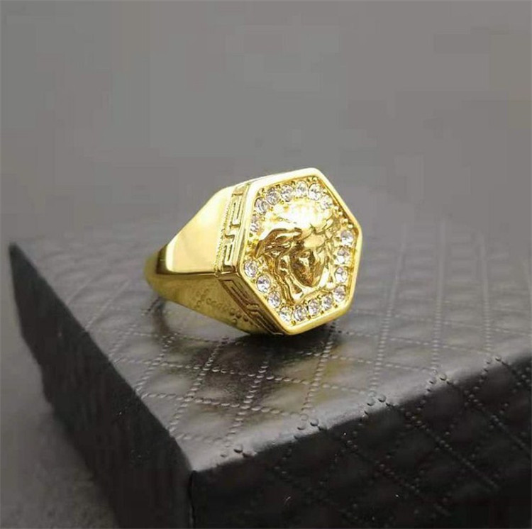 Luxury Brand Customize Ancient Greek Myth Snakes Ring 18K Gold Plated Titanium Steel Hexagonal Diamond Medusa Punk Rings
