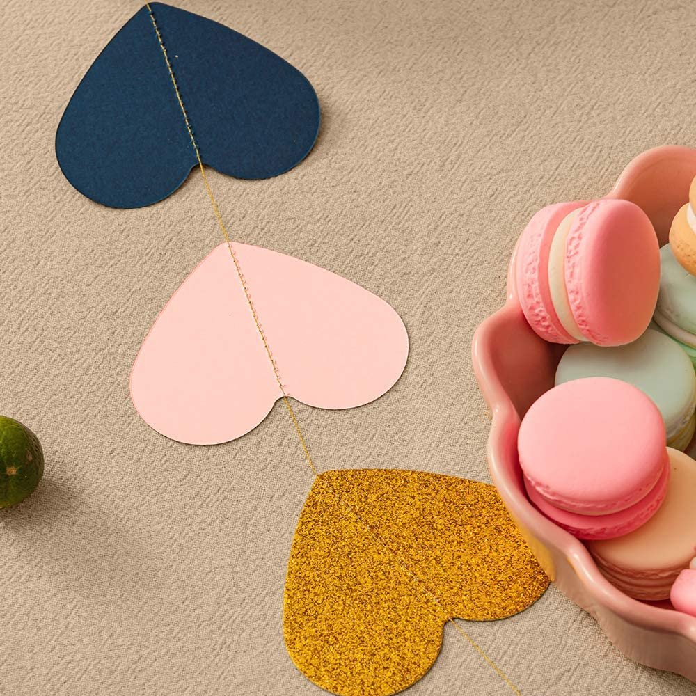 9 Feet Heart Paper Garland Decorations, Heart Hanging Paper Banner Bunting (Navy Blue, Pink, Gold Glitter) for Wedding