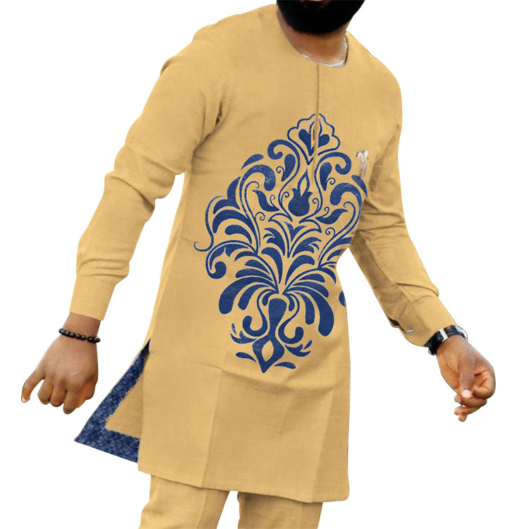African Plus Size Clothing Middle Eastern Men Thobe Thawb Printed Long-sleeved Shirt Thobe Thawb Tops Set