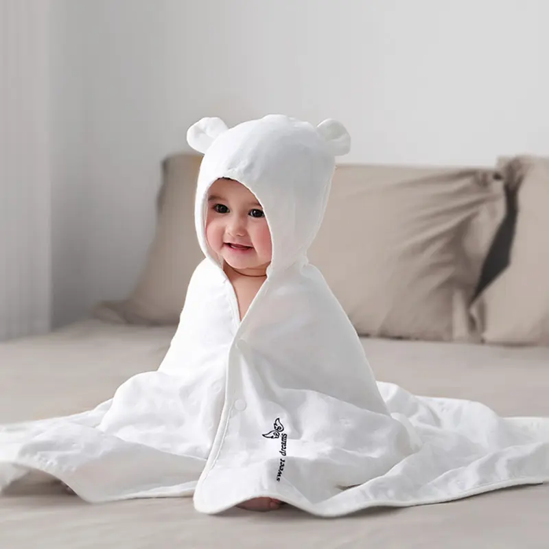 100% organic cotton baby hooded bath towel Custom logo cute animal hooded children's Gauze towel suit Designer style