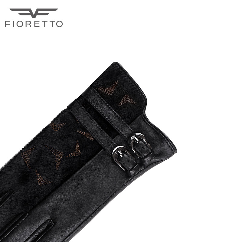FIORETTO Роскошные зимние модные Флисовые женские кожаные перчатки с сенсорным экраном черные с текстурированным мехом для малышей