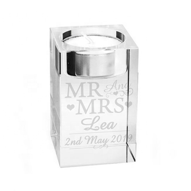 Personalised Engraved Crystal Cube Tealight Holder for Bride and Groom Wedding Favors