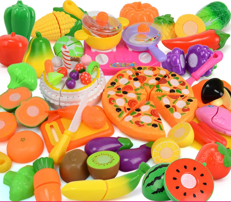 Kids Pretend Play Plastic Kitchen Food Set Trolley Basket Fruit Stand Cutting Fruit And Vegetable Toy
