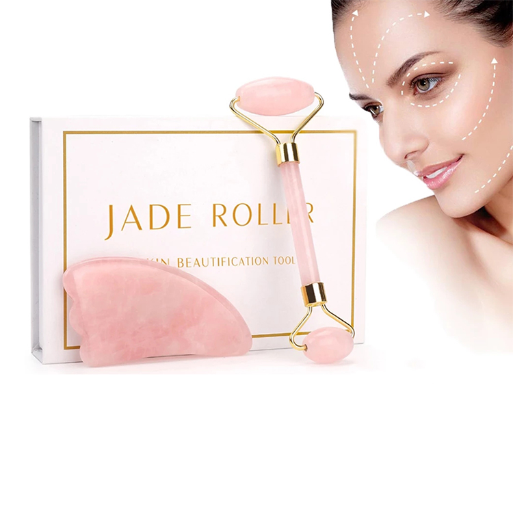 Ручной розовый КВАРЦЕВЫЙ ролик для лица gua sha beauty массаж лица розовый нефрит роликовый Набор для лица с коробкой драгоценный камень массажный ролик