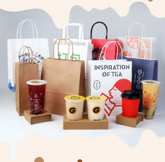 Kraft paper packing bags with logo luxury fashion bubble tea shop coffee cups package bags with handle