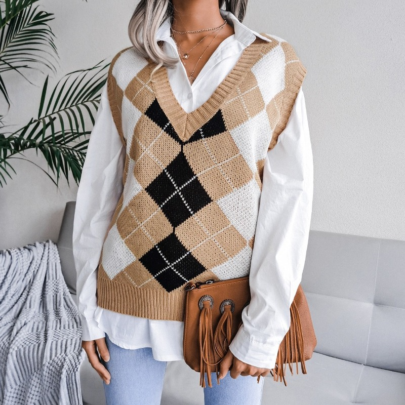 Plaid Knitted Sweater Vest Streetwear Oversized Knitted Vest Sweater Vintage V Neck Loose Sleeveless Sweater