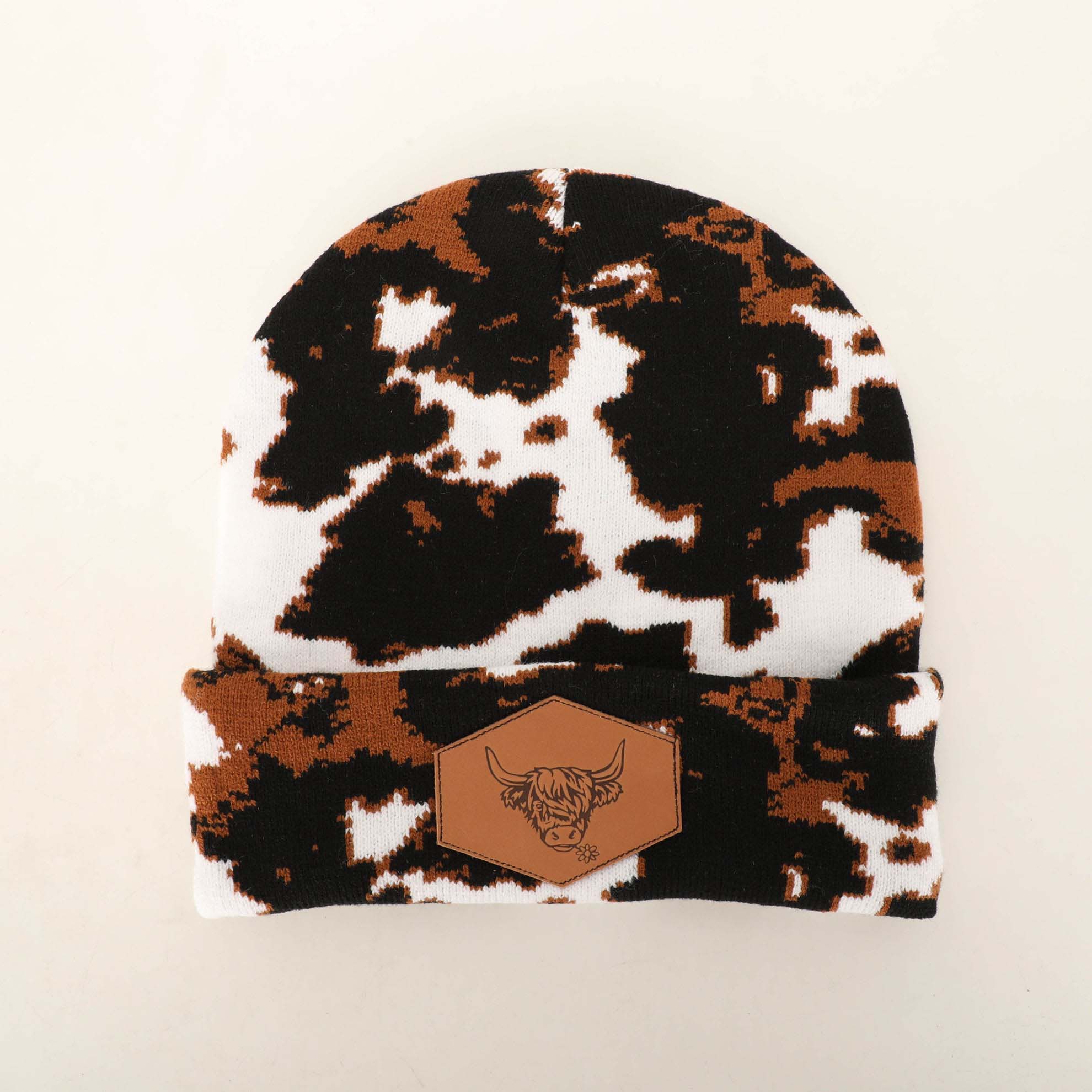 fashion acrylic Cow print Highland Cow Beanie winter thick knit beanies cow girl hats with custom logo patch