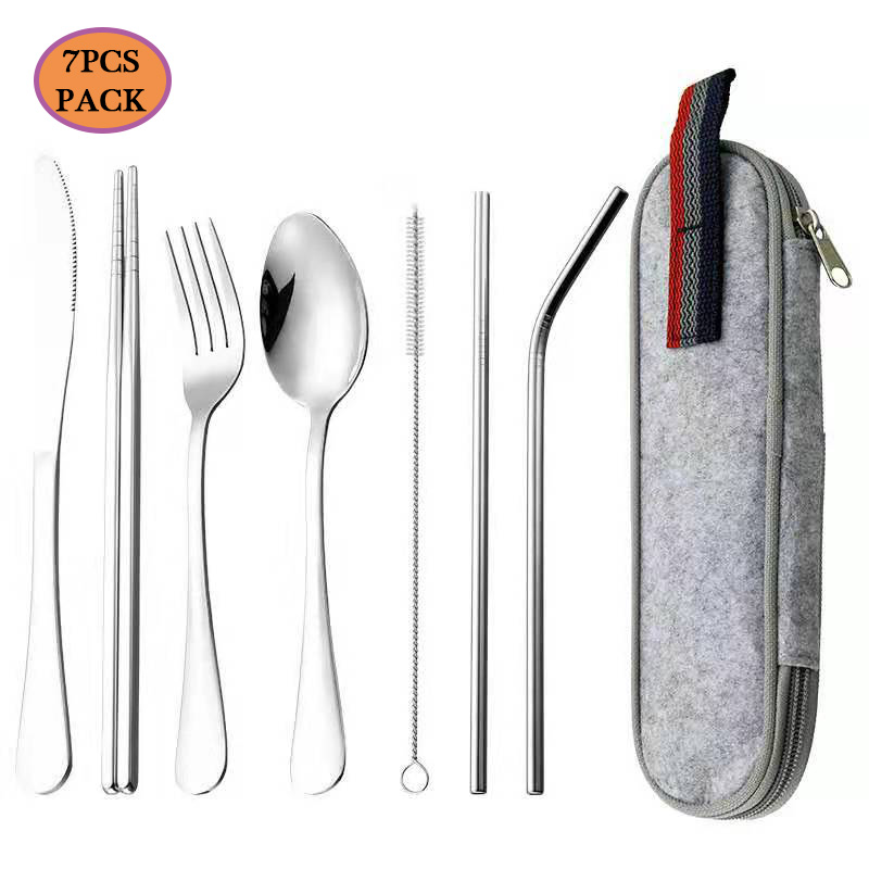 7PCS pack Stainless steel 304 spoon fork knife straw set portable travel cutlery set with bag