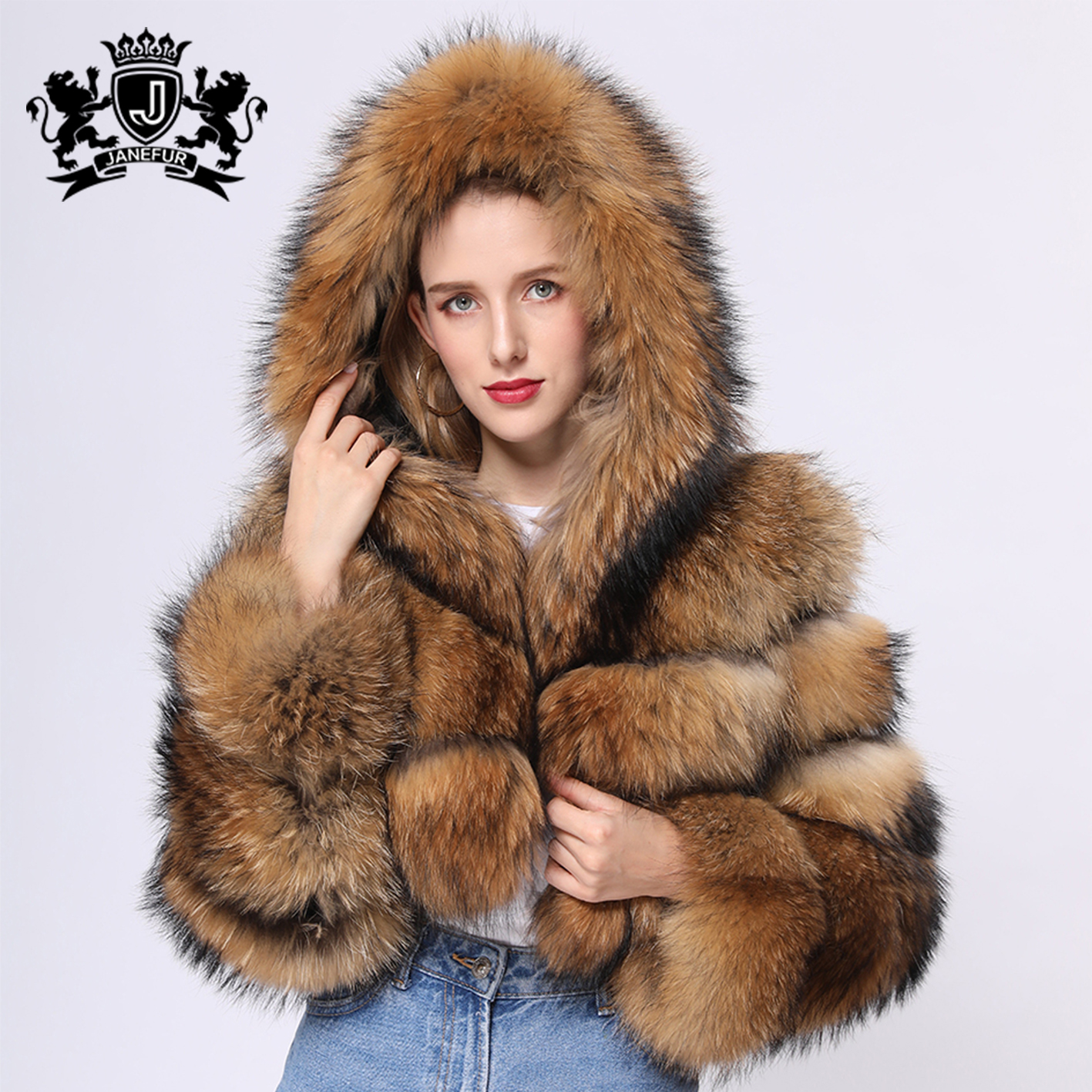 Зимнее пальто из натурального меха енота Janefur, короткое стильное пальто с капюшоном из натурального меха енота
