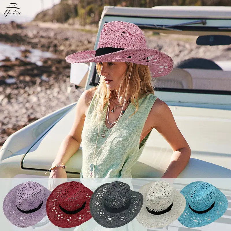 Colorful Paper Straw Hat Panama Jungle Cowboy Straw Hat Hollow Out Foldable Papyrus Western Cowboy Hat