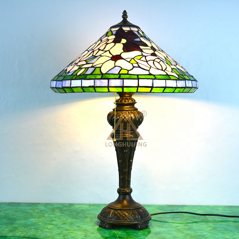 LongHuiJing 16Inch Wide Flowers Stained Glass Handcrafted Table Desk Lamp Resin material stand base lamps