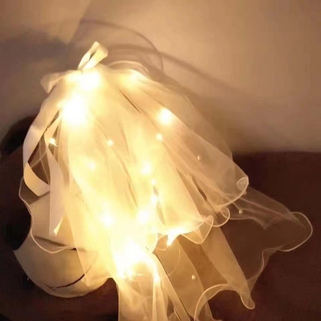 LED glow Luminous Veil with Pearl Luminous Super Fairy Ribbon Bowknot Photograph Veil with Light wedding party promotion