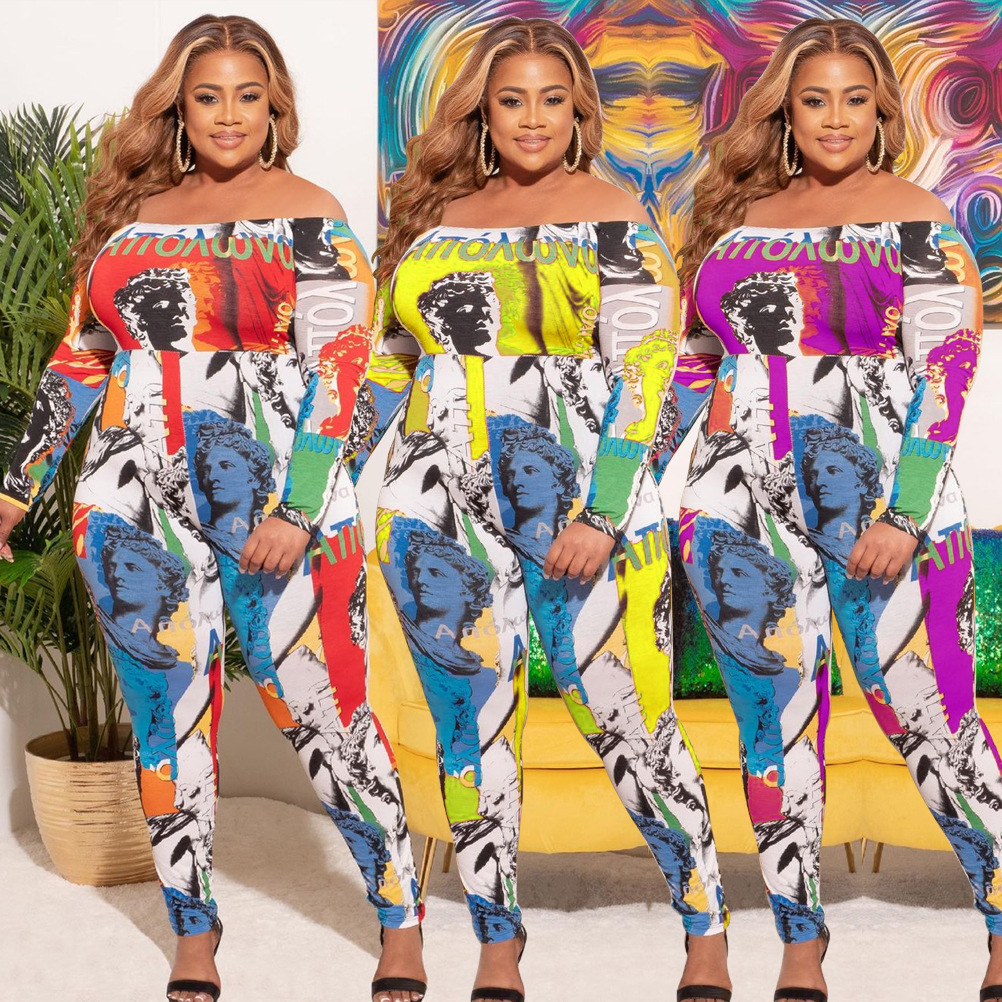 2021 Autumn Sexy Strapless Long Sleeve Pattern Print Women Plus Size bodysuits for Women club wear Jumpsuits And Rompers elegant