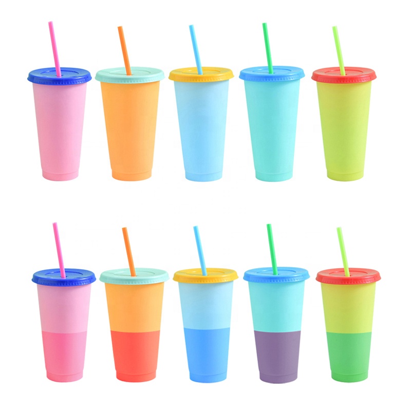 Reusable Plastic Tumbler with Straws Lids 24 oz Color Changing Cups Kid Tumblers Drinking Cold Straw Cups