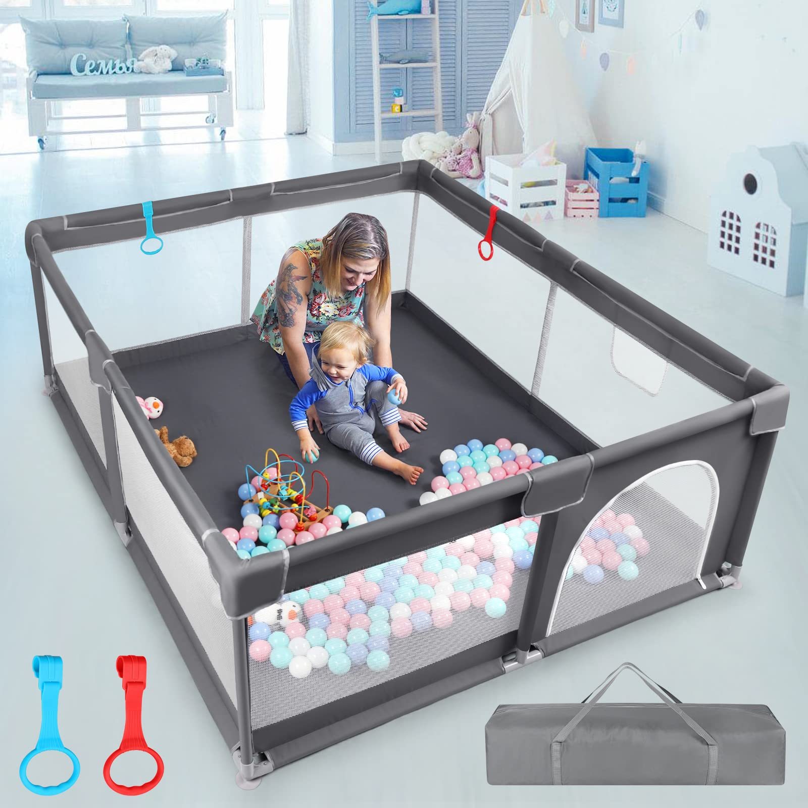 Adjustable Large Rectangle Folding Safety Fence Playpen Removable Crawling Guardrail for Babies Toddlers Foldable Play Pens