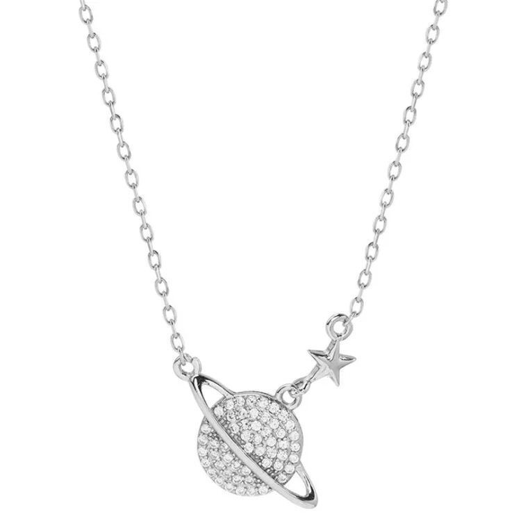 ROMANTIC Simple elegant diamond S925 Silver Star Lock Chain Simple Planet Pendant Necklace